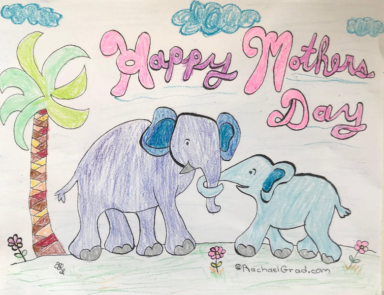 Happy Mother’s Day Colouring Card with Mom & Baby Elephants