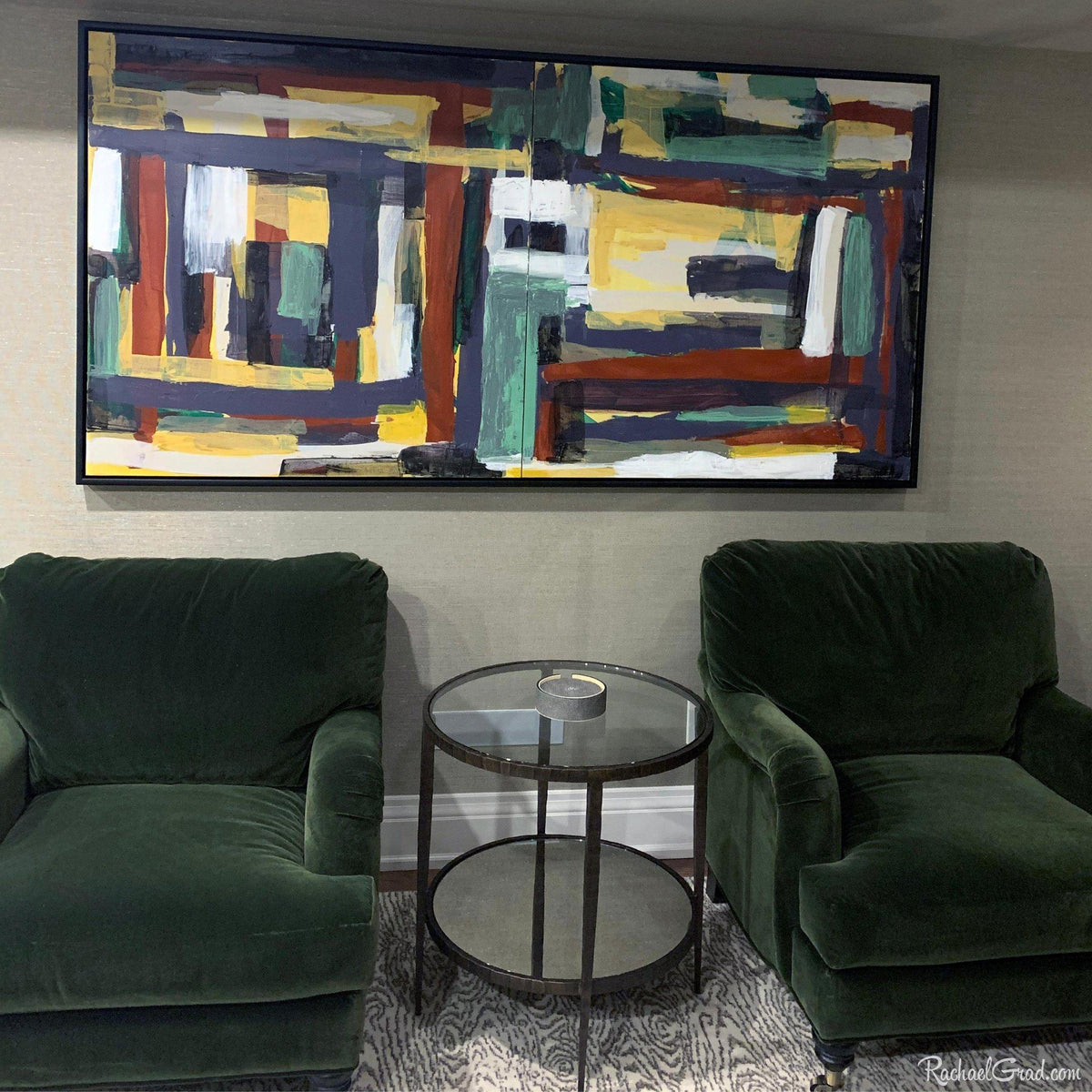 Large Abstract Artwork Installed in Living Room by Artist Rachael Grad