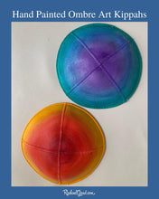 Load image into Gallery viewer, hand painted ombre kippahs by artist Rachael Grad custom painted yarmulkas 2 ombre art kippahs