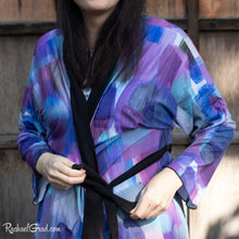 Load image into Gallery viewer, Artist Rachael Grad in purple brushstrokes bathrobe 