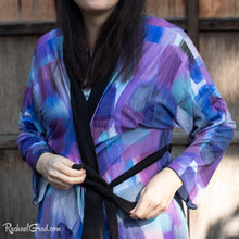 Load image into Gallery viewer, Artist Rachael Grad in purple brushstrokes bathrobe