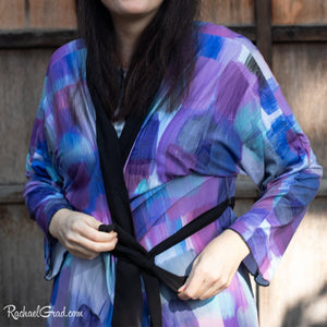Artist Rachael Grad in purple brushstrokes bathrobe 