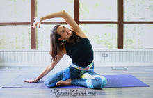 Load image into Gallery viewer, Black Leggings, Womens Tights in Black Abstract Art Max style by Artist Rachael Grad on mom Jess yoga side stretch