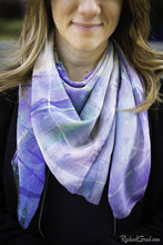 Load image into Gallery viewer, Blue Purple Art Scarf by Artist Rachael Grad on model