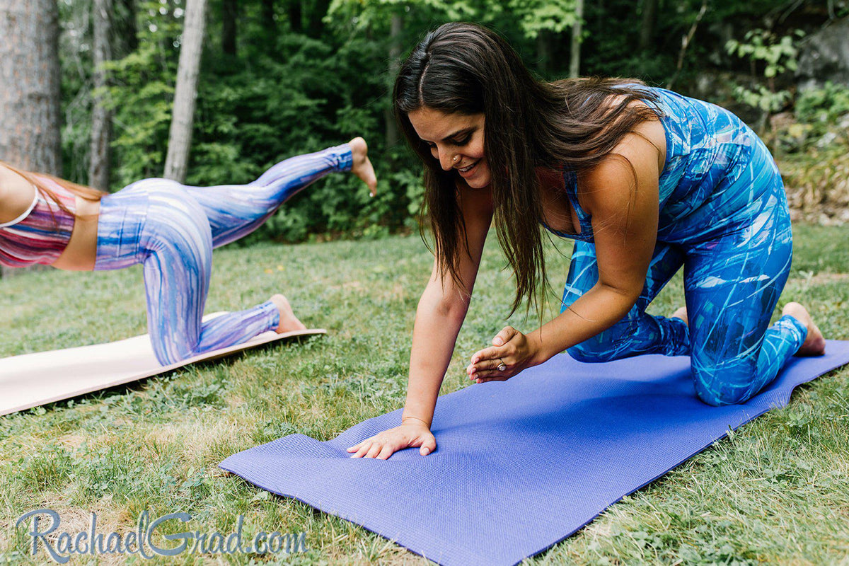 Women's Yoga Leggings with Blue Abstract Art by Artist Rachael Grad