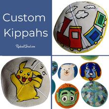 Load image into Gallery viewer, Custom Kippahs by Canadian Artist Rachael Grad with train art
