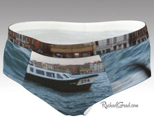 Load image into Gallery viewer, Dogs Swimming Venice, Italy Funny Womens Briefs Underwear Rachael Grad on model Venetian Vaporetto back in canal water
