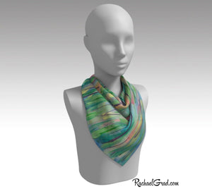 Green Grass Flowers Abstract Art Scarf by Toronto Artist Rachael Grad 26" square on mannequin
