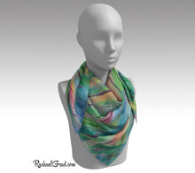 Load image into Gallery viewer, Green Grass Flowers Abstract Art Scarf by Toronto Artist Rachael Grad 36" square on mannequin