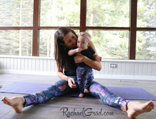 Load image into Gallery viewer, Mommy and Me Matching Leggings, Alex Black Abstract Art on Jess and Baby Rachel, by Artist Rachael Grad in pilates studio