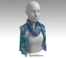 Load image into Gallery viewer, Purple Yellow Wild Flowers Abstract Art Scarf by Toronto Artist Rachael Grad on mannequin