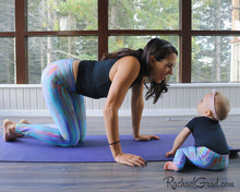 Load image into Gallery viewer, Turquoise Baby Leggings, Teal Baby Tights Art by Artist Rachael Grad on mom and baby facing each other