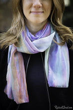 Load image into Gallery viewer, Teal Blue Purple art scarf by Artist Rachael Grad on model
