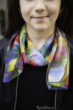 Load image into Gallery viewer, Yellow green blue red art scarf by Artist Rachael Grad on model