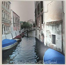 Load image into Gallery viewer, Blue Boats, Venice, Italy, Ink on Metal Limited Edition Print, 32' x 32'-rachaelgrad-32" x 32"-rachaelgrad artsy gifts colorful artwork multicolor