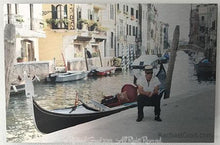 Load image into Gallery viewer, Gondolier Resting, Venice, Italy, Ink on Metal Limited Edition Print, 12" x 18"-rachaelgrad-18" x 12"-rachaelgrad artsy gifts colorful artwork multicolor
