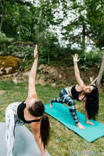 Load image into Gallery viewer, black and white yoga leggings by Canadian Artist Rachael Grad 2 women lunging