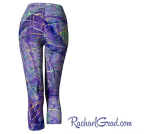 capri leggings with purple artwork by artist rachael grad
