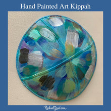 Load image into Gallery viewer, hand painted abstract art kippah by artist Rachael Grad blue white grey teal yellow