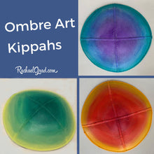 Load image into Gallery viewer, hand painted ombre kippahs by artist Rachael Grad custom painted yarmulkas 3 ombre art kippahs