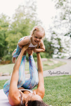 Load image into Gallery viewer, mom and me leggings teal striped set on mom and toddler by Canadian artist Rachael Grad on mom and daughter airplane