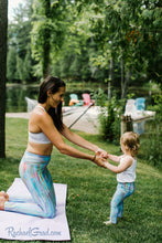 Load image into Gallery viewer, mom and me leggings teal striped set on mom and toddler by Canadian artist Rachael Grad side view