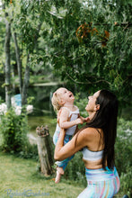 Load image into Gallery viewer, mom and me leggings teal striped set on mom and toddler by Canadian artist Rachael Grad on mom and girl