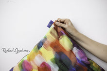Load image into Gallery viewer, Red Color Art Pillow, Label Closeup by Toronto Artist Rachael Grad