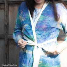 Load image into Gallery viewer, purple yellow art robe by Toronto Artist Rachael Grad tying