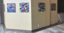 Load image into Gallery viewer, Dot Series Wall Art 2 Yellow and Blue Multicolor, Colorful Abstract Square Acrylic Art Print hanging in the Hilton Toronto/Markham Suites Conference Centre & Spa main floor
