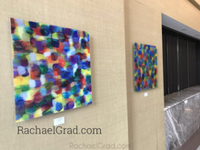 Load image into Gallery viewer, Yellow and Purple Multicolor High Gloss Abstract Art with in 4 Square Sizes preview rachael grad on wall