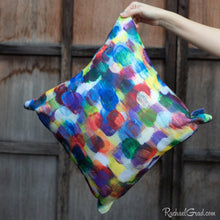 Load image into Gallery viewer, yellow purple pillow 18 x 18 by Toronto Artist Rachael Grad in hand front view