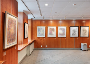 Motherhood Hit Me Like a Train paintings 2024 on view on wall in Gallery at the J by Rachael Grad