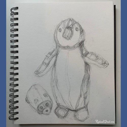 Original Sketchbook Drawing  of Penguin Mouse Toys by Artist Rachael Grad