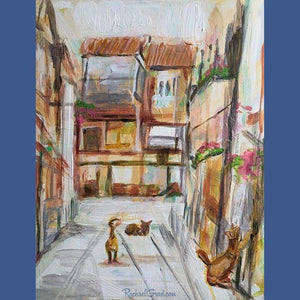 3 alley cats in dorsoduro Venice, Italy original painting by Canadian artist Rachael grad RachaelGrad.com