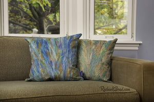 Abstract Pillows Wild Flowers on Green Couch by Toronto Artist Rachael Grad
