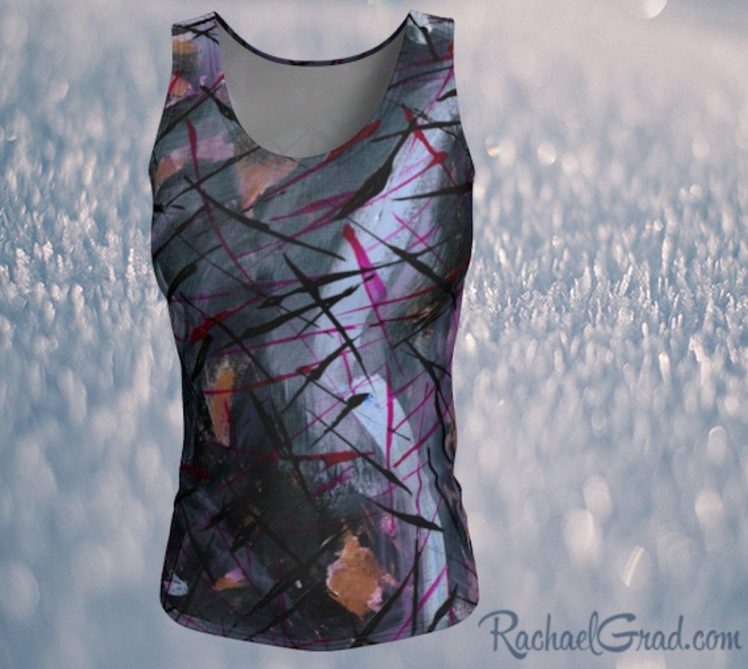 Fitted Tank Top in Black Purple Abstract Art by Artist Rachael Grad front