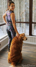 Load image into Gallery viewer, Tank Tops for Women in Black Purple Art by Toronto Artist Rachael Grad back view on Jess with dog