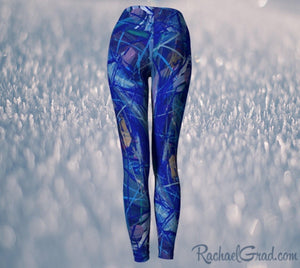 Blue Abstract Art Women's Yoga Leggings by Canadian Artist Rachael Grad back view