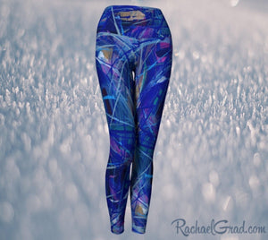 Blue Abstract Art Women's Yoga Leggings by Canadian Artist Rachael Grad front view