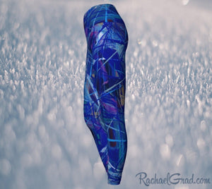 Blue Abstract Art Women's Yoga Leggings by Canadian Artist Rachael Grad side view