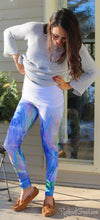 Load image into Gallery viewer, Maia Yoga Leggings in Blue and White by Toronto Artist Rachael Grad Jess looking down