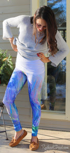 Maia Yoga Leggings in Blue and White by Toronto Artist Rachael Grad Jess looking down