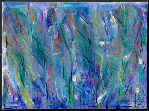 Blue Abstract Grass & Flowers Painting-Original Art-Canadian Artist Rachael Grad