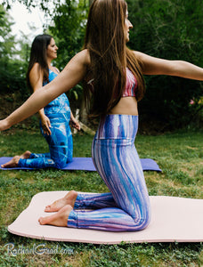 Blue Abstract Art Women's Yoga Leggings by Canadian Artist Rachael Grad with 2 women