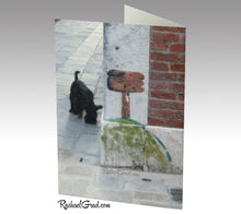 Load image into Gallery viewer, Cat and Dog Venice Italy Stationery Note Card Set by Toronto Artist Rachael Grad back