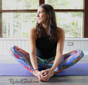 Striped Rainbow Yoga Leggings by Toronto Artist Rachael Grad in yoga studio