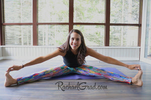 Striped Rainbow Yoga Leggings by Toronto Artist Rachael Grad in pilates studio