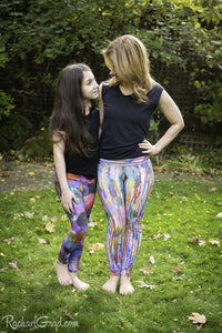Matching Mommy and Me Art Leggings with rainbow stripes by Artist Rachael Grad front view facing