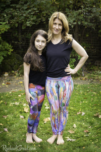 Colorful Art Leggings by Toronto Artist Rachael Grad front view on Mom and Daughter pants